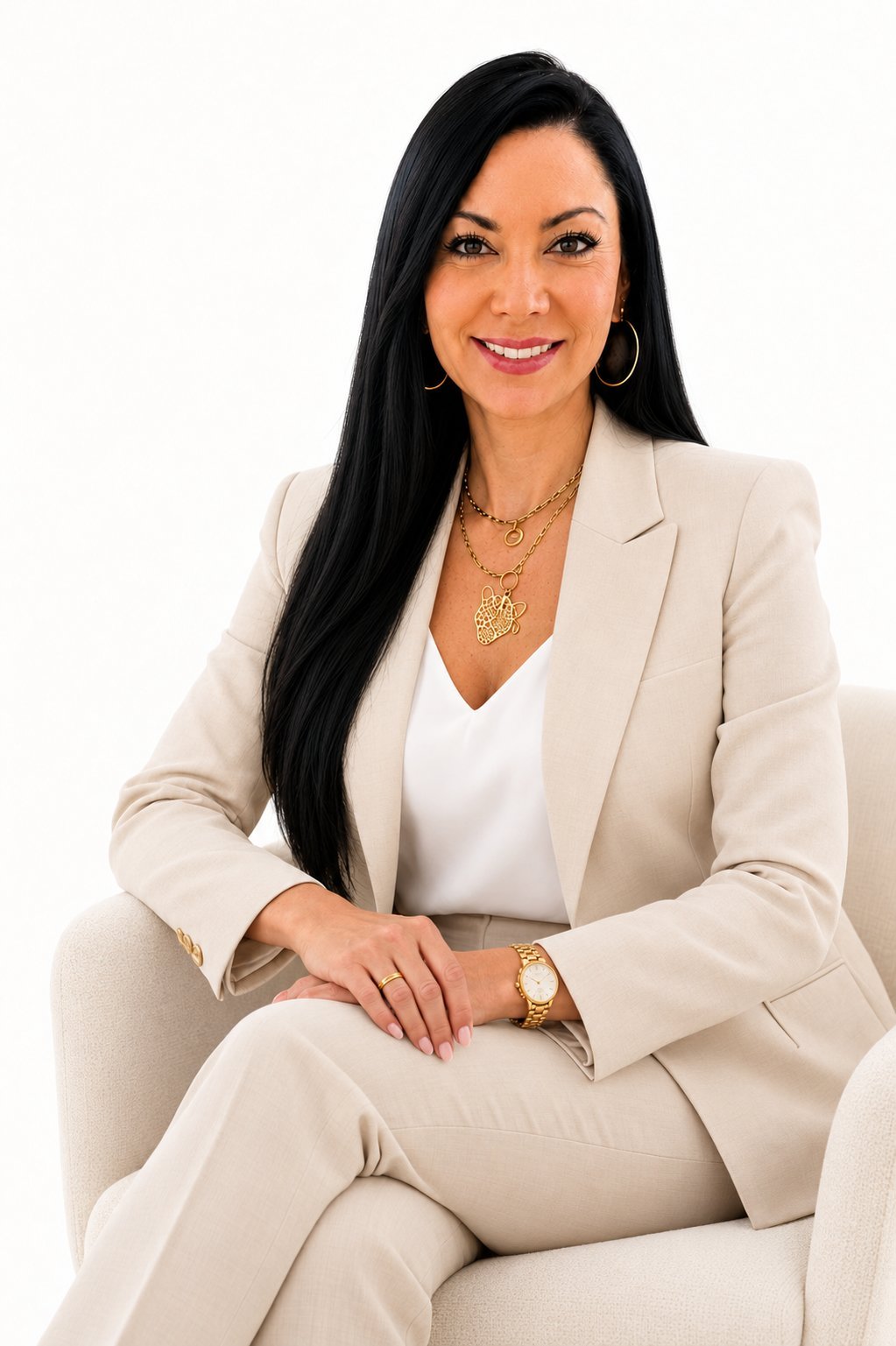 Maria Laura Bertero, founder of PLAN B TIME, seated wearing a beige blazer over a white top