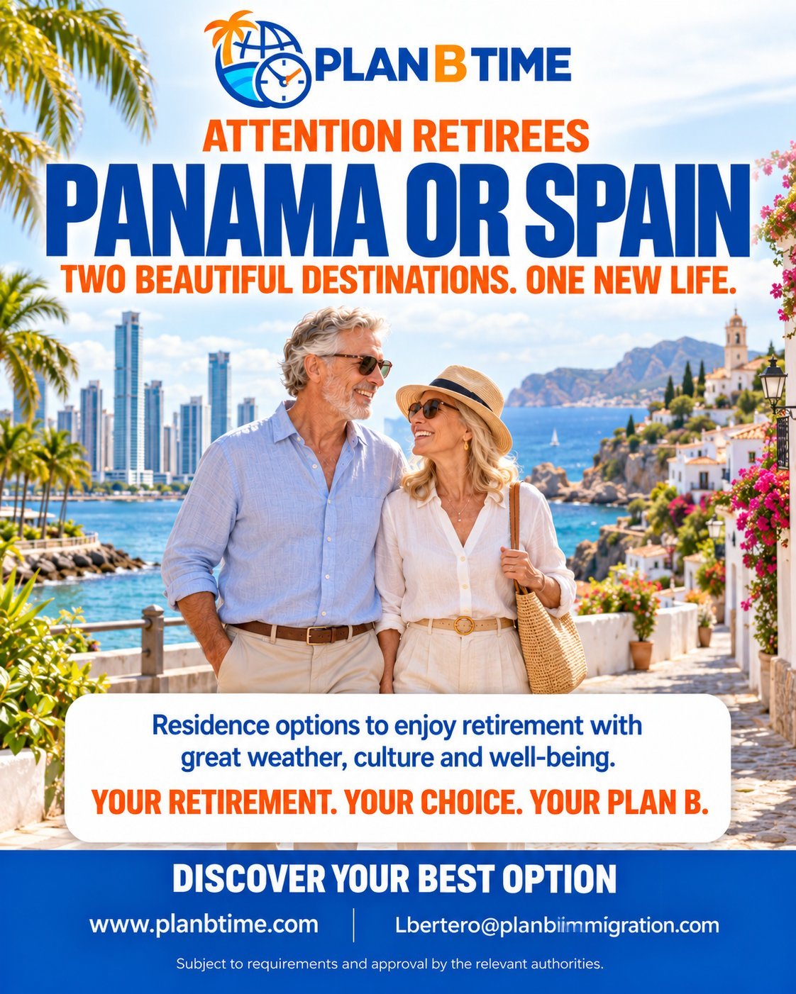Plan B Time promotional poster showing a retired couple on the Mediterranean coast, advertising retirement options in Panama or Spain
