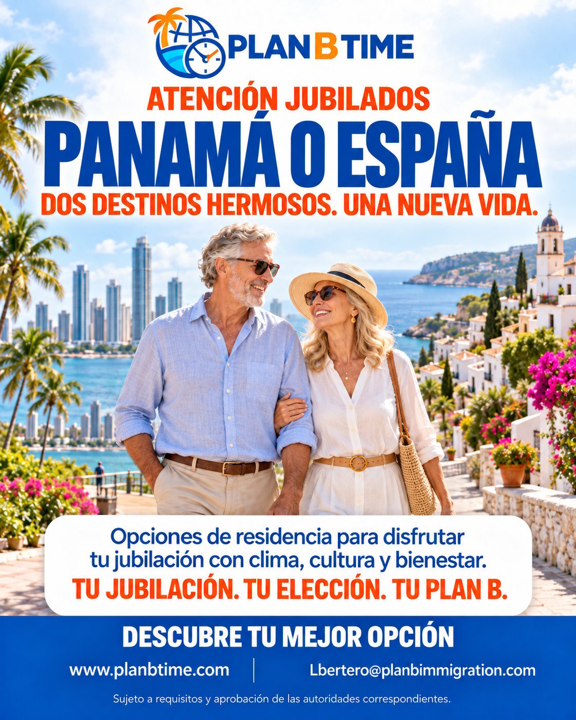 Afiche promocional de Plan B Time con pareja de jubilados en la costa mediterránea, anunciando opciones de jubilación en Panamá o España