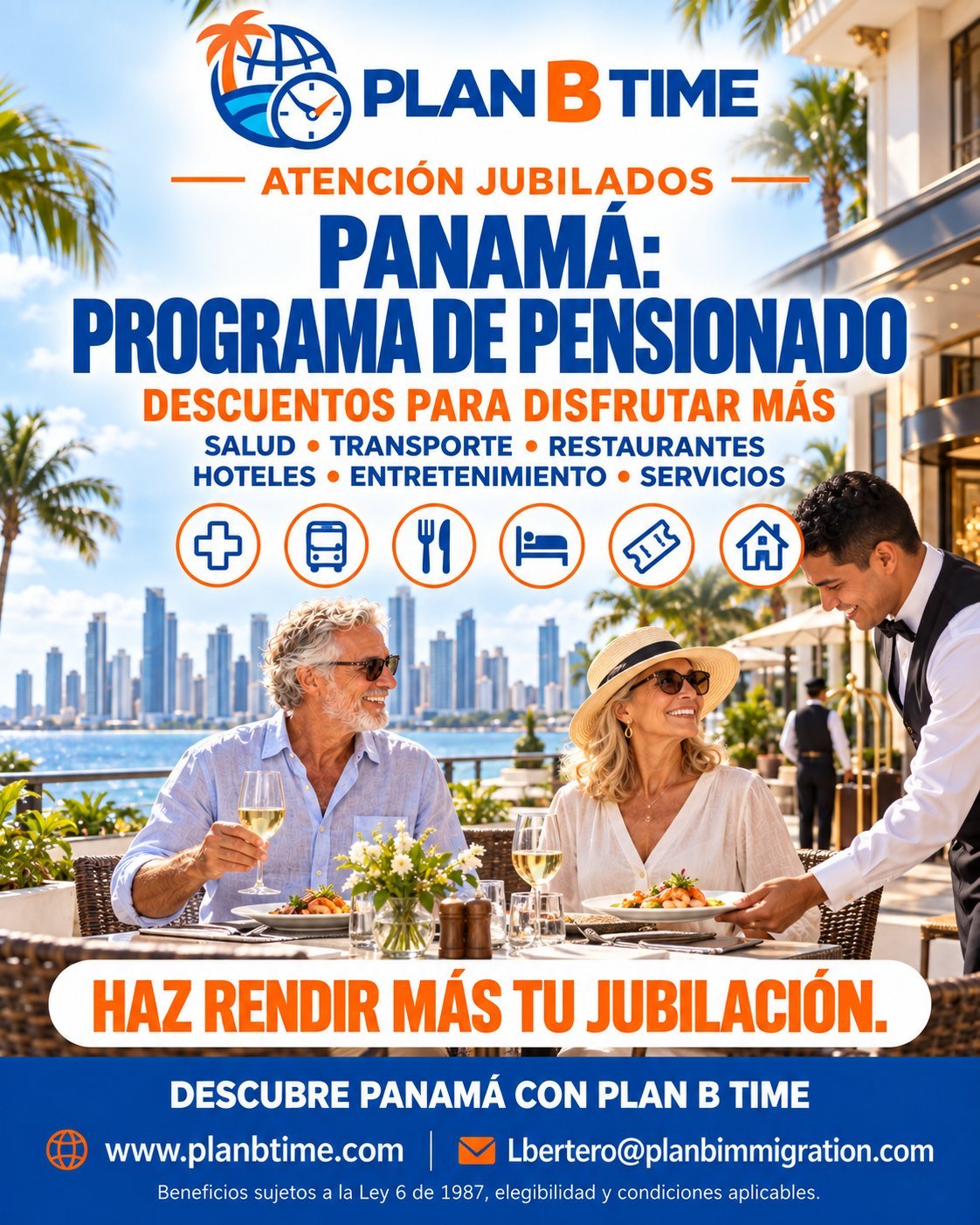 Afiche del Programa de Pensionado de Panamá con descuentos para jubilados en salud, transporte, restaurantes, hoteles y entretenimiento
