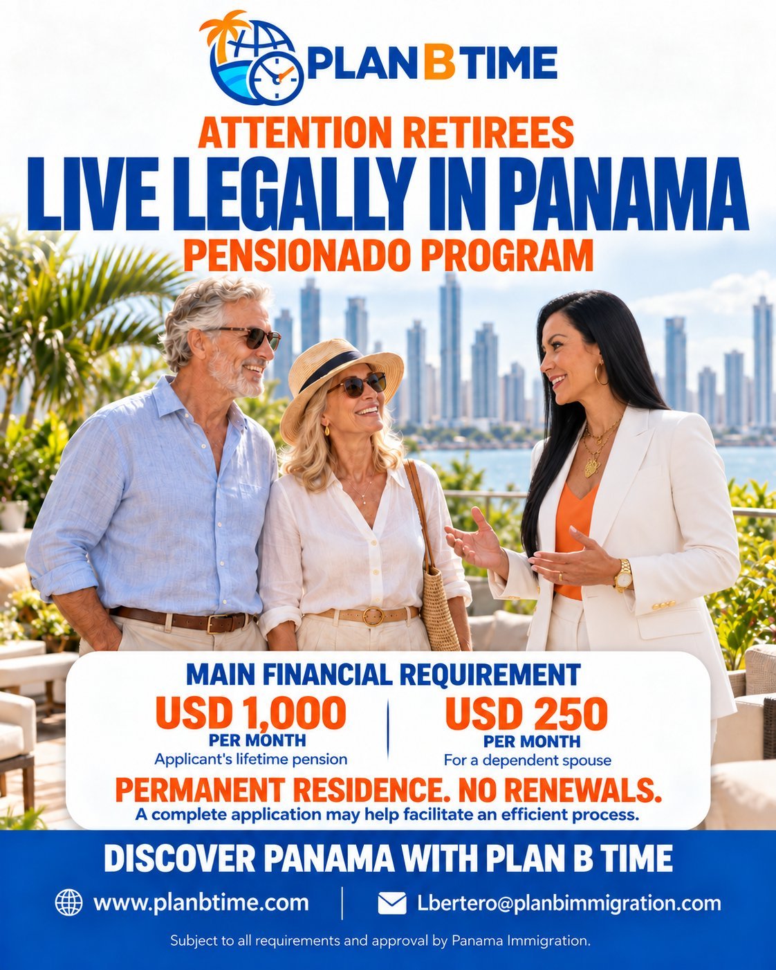Panama Pensionado Program promotional poster: live legally in Panama with a USD 1,000 per month lifetime pension.