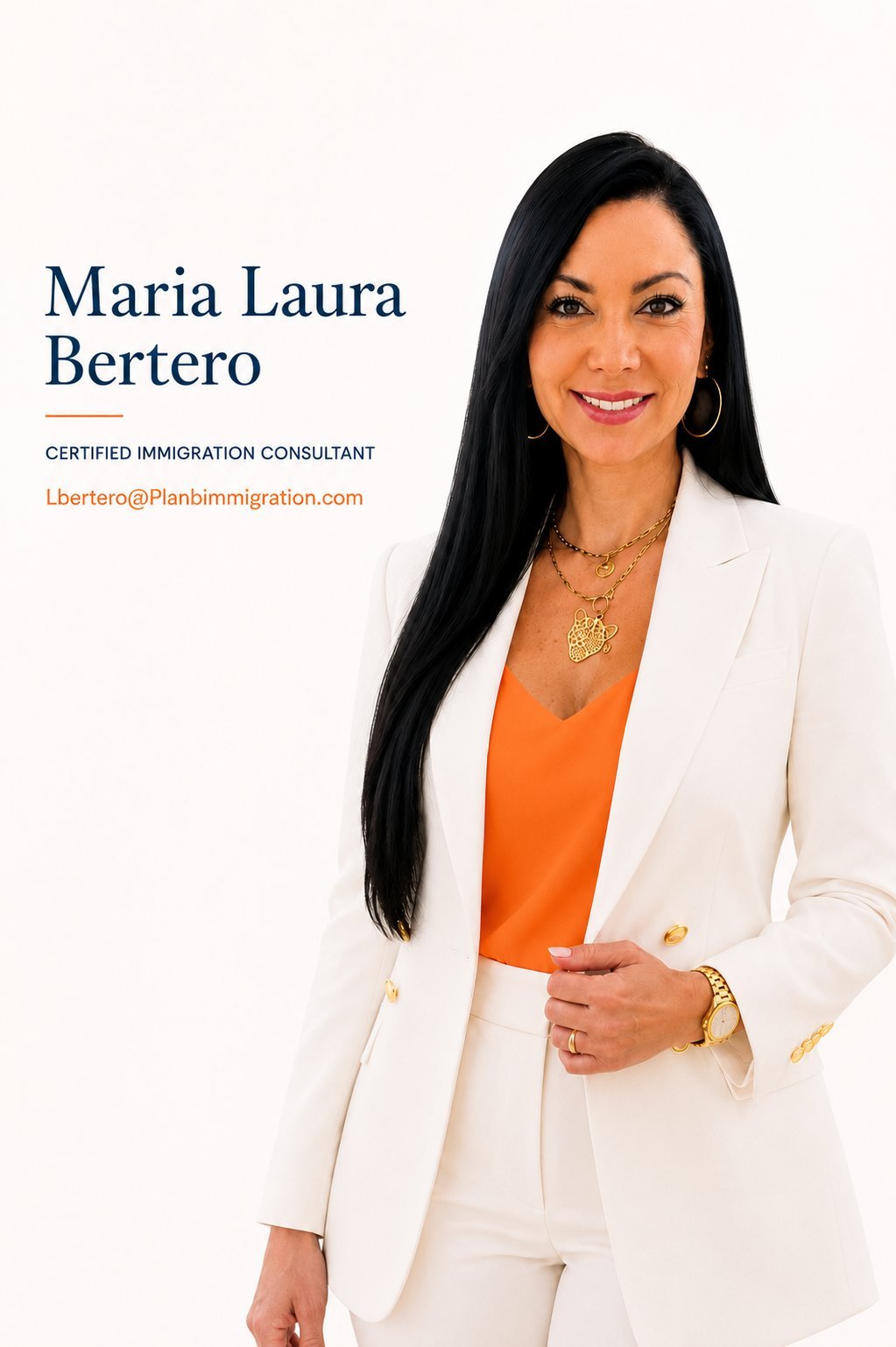 Professional headshot of Maria Laura Bertero, certified immigration consultant, wearing a cream blazer and an orange top.